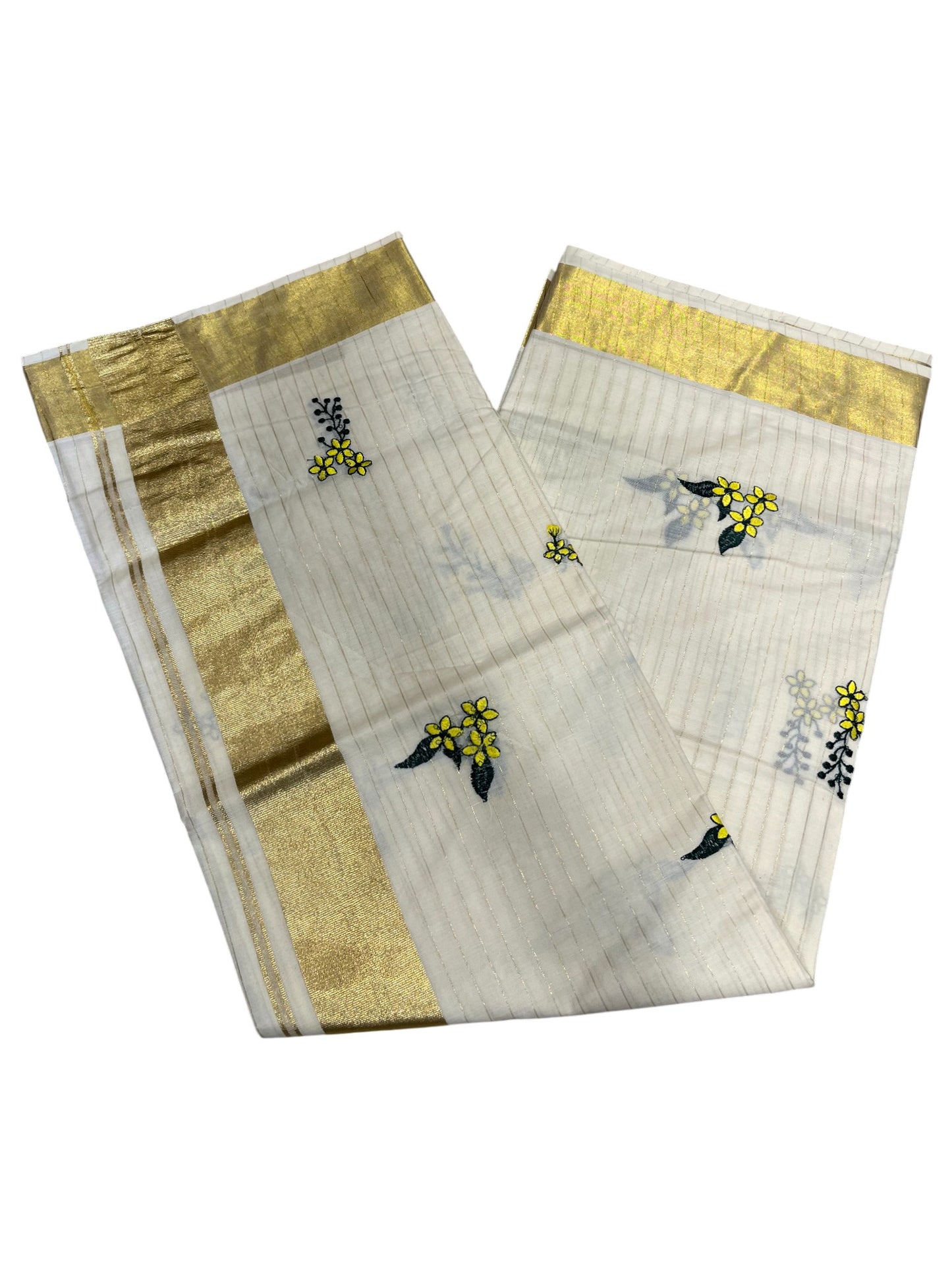 Kerala Cotton Kasavu Stripes Saree with Floral Embroidery Design on Body