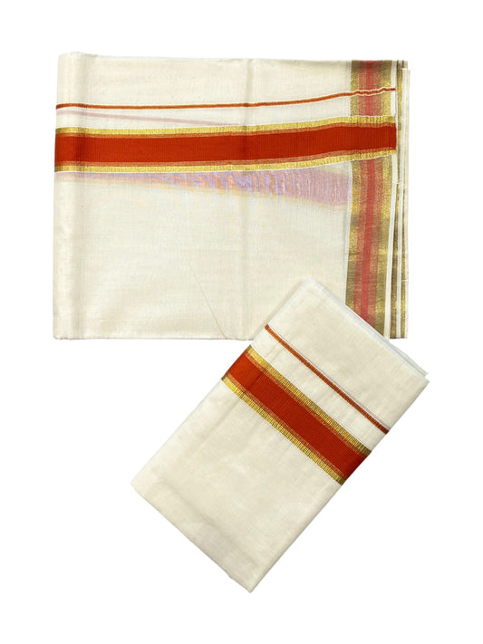 Kerala Cotton Set Mundu (Mundum Neriyathum) with Kasavu and Orange Border