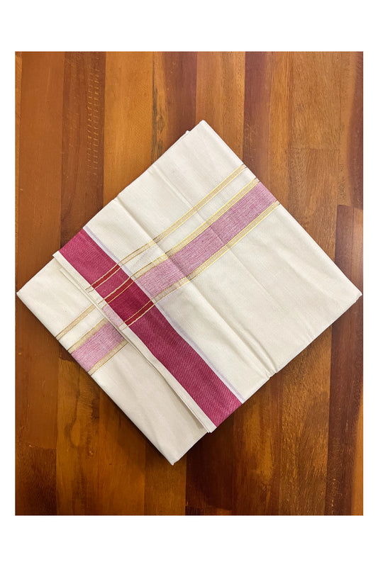 Off White Kerala Cotton Double Mundu with Kasavu and Maroon Border (South Indian Kerala Dhoti)