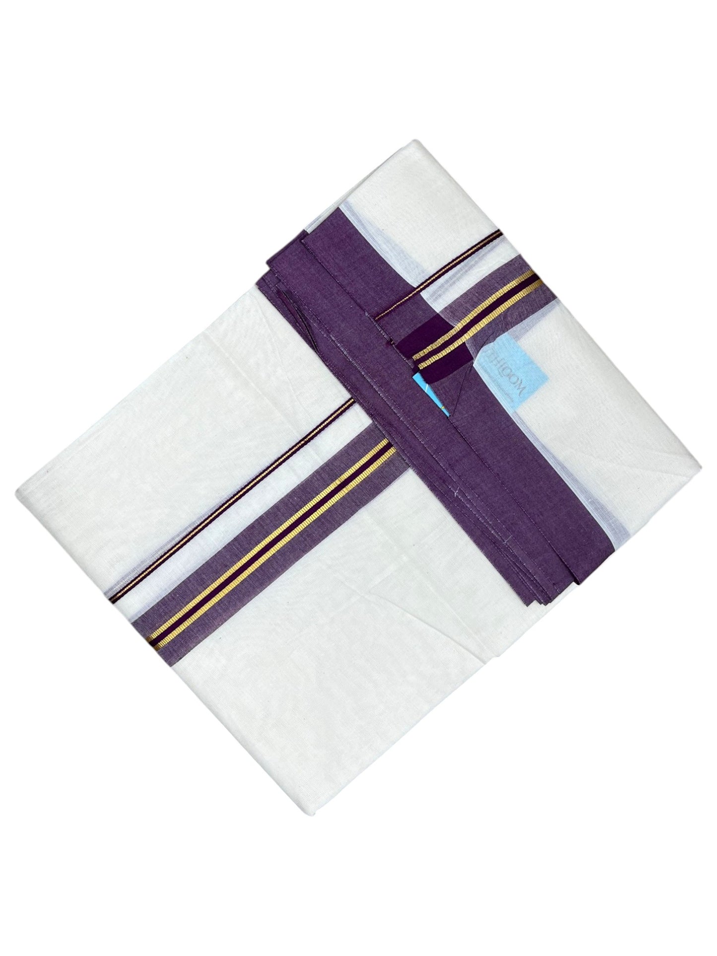Southloom Pure Cotton Mundu with Gold Lines and purple Border (South Indian Kerala Dhoti)