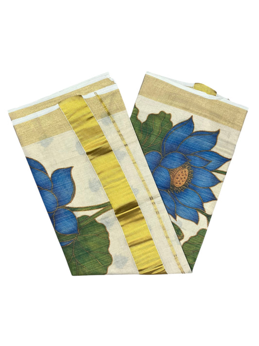 Southloom Kerala Tissue Kasavu Saree with Blue Lotus Digital Prints on Border