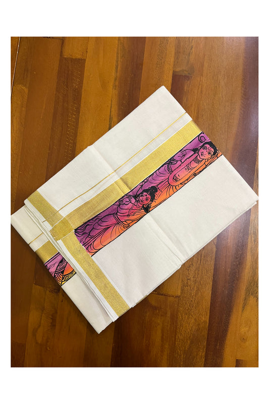 Kerala Pure Cotton Double Mundu with Mural Hand Painted Design on Kasavu Border (South Indian Kerala Dhoti)