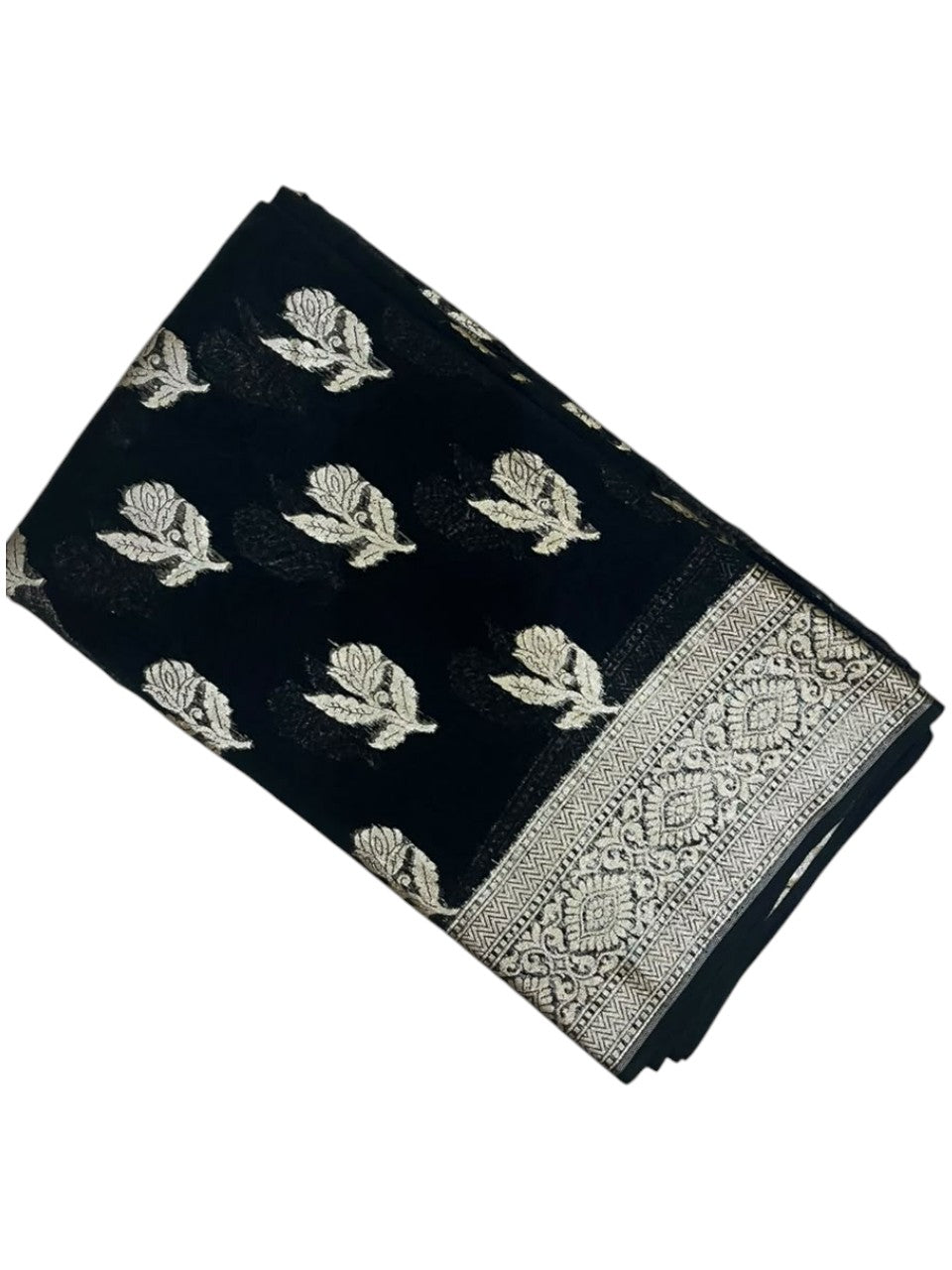 Southloom Cotton Banarasi Silk Saree with Woven Work on Body and Borders (Black)