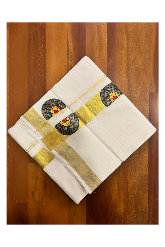 Off White Kerala Cotton Double Mundu with Mural Hand Painted Designs on Kasavu Border (South Indian Kerala Dhoti)