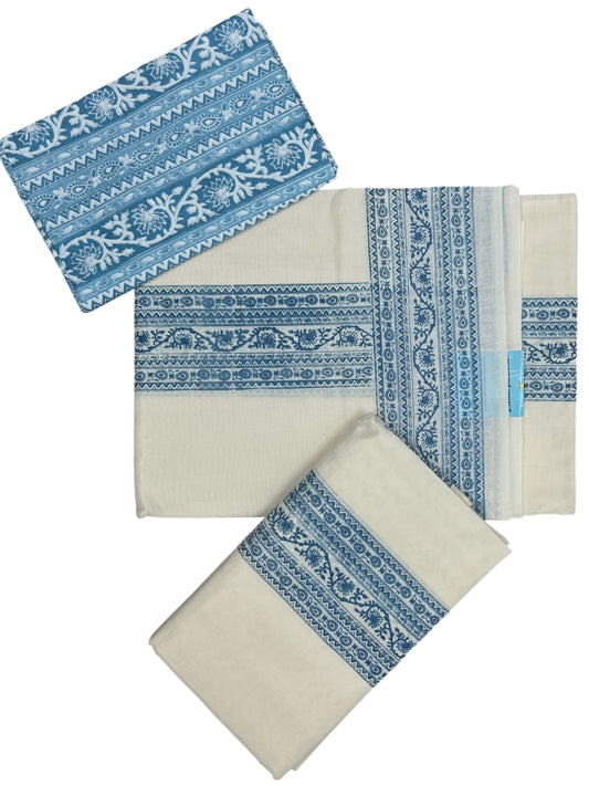Southloom Blue Block Printed Set Mundu with Blouse Piece 2.80Mtrs SL423