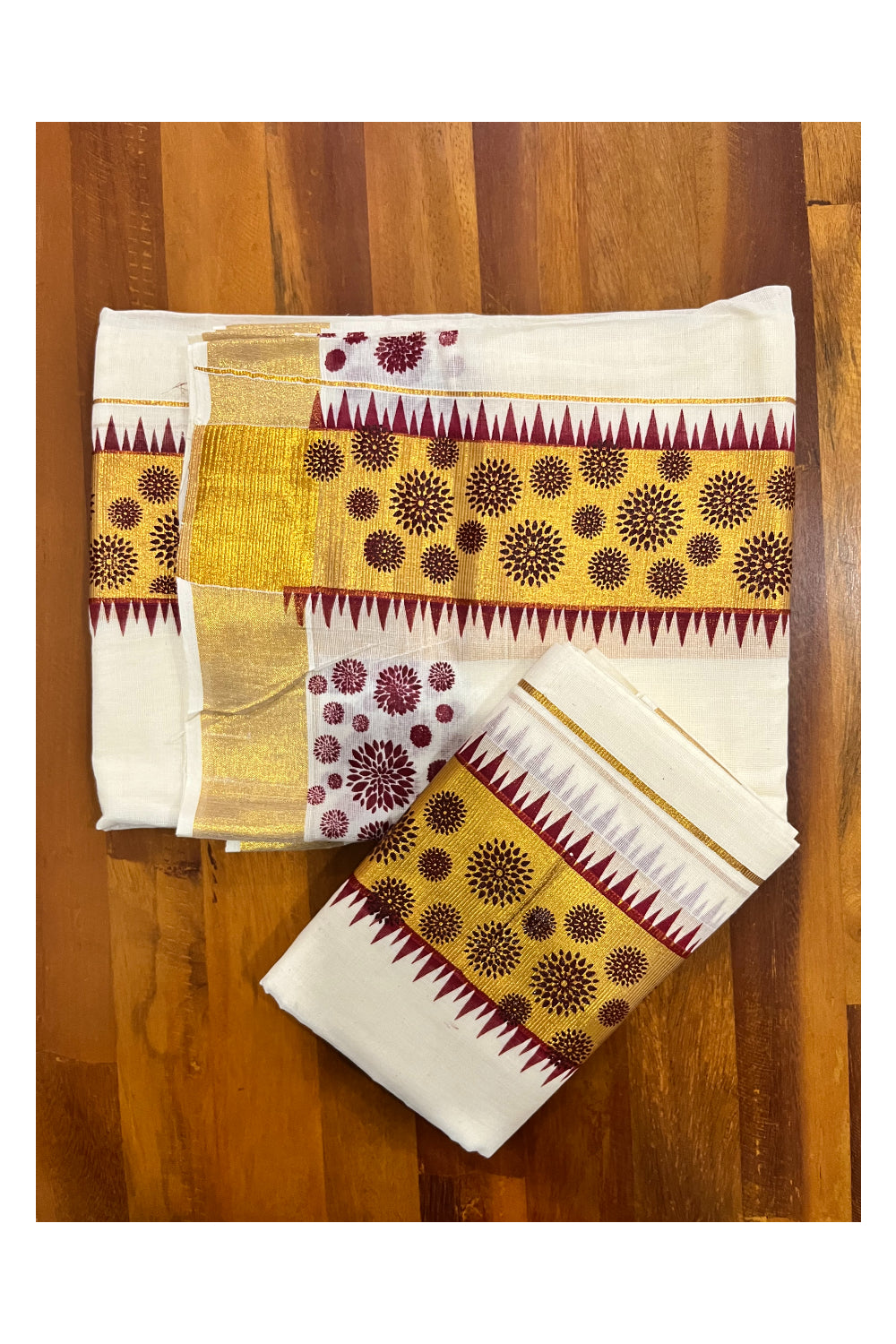 Kerala Pure Cotton Set Mundu Single (Mundum Neriyathum) with Maroon Temple Block Prints on Kasavu Border