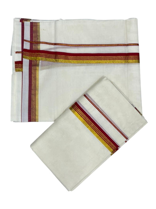 Pure Cotton Kerala Single Set Mundu (Mundum Neriyathum) with Red Kasavu Border in 2.80 Mtrs SL394
