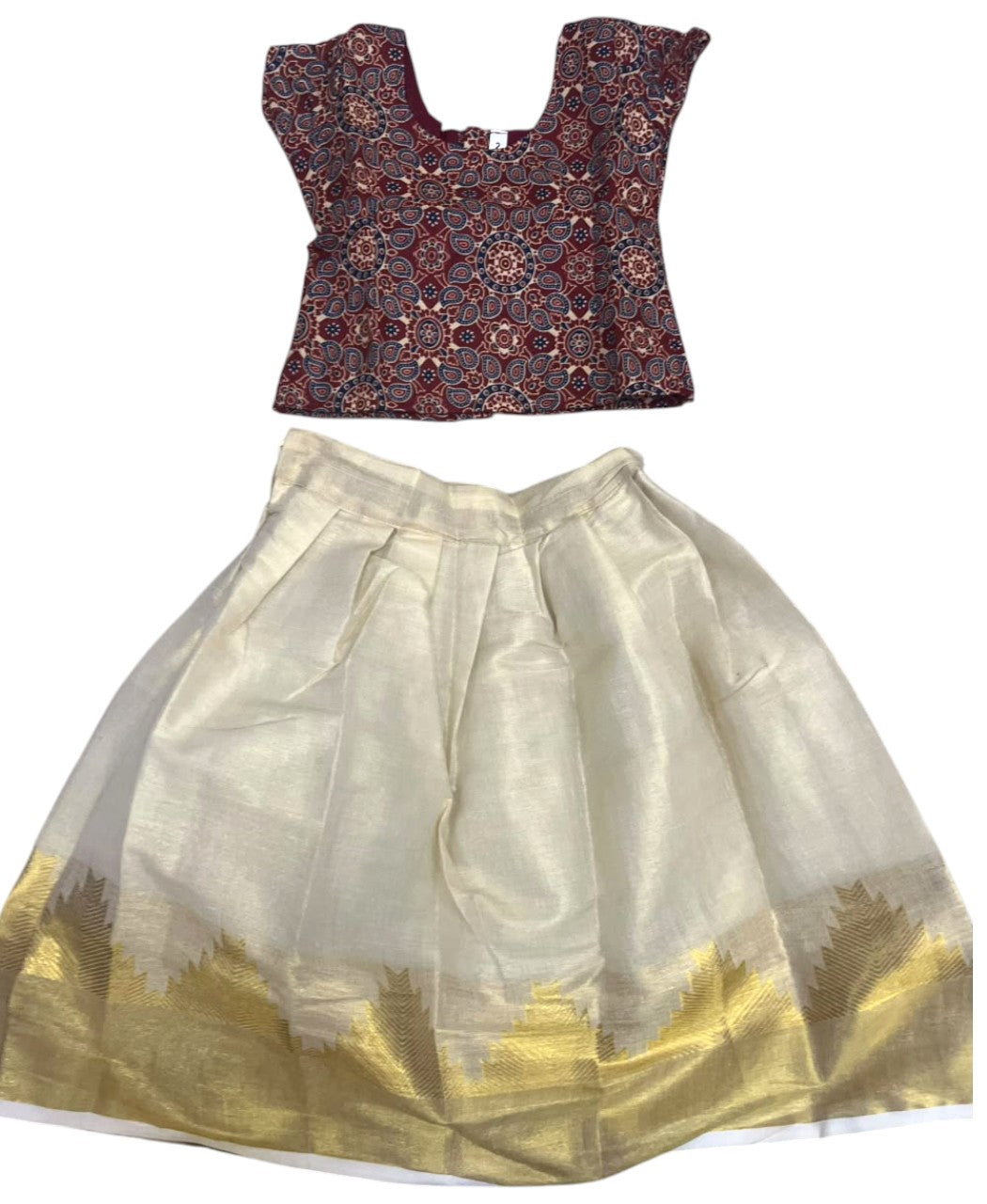 Southloom Kerala Tissue Kasavu Ajrakh Printed Pavada & Blouse with for Kids SL606