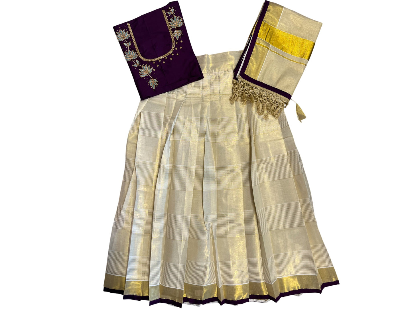 Southloom Semi Stitched Tissue Dhavani Set with Pavada and Purple Blouse Piece