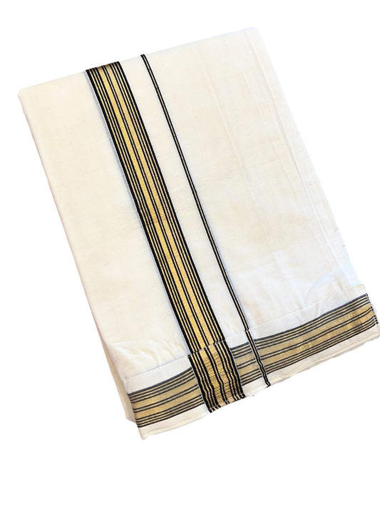 Southloom Off White Pure Cotton VELCRO Single Mundu with Gold Kasavu and Black Border (South Indian Kerala Dhoti)
