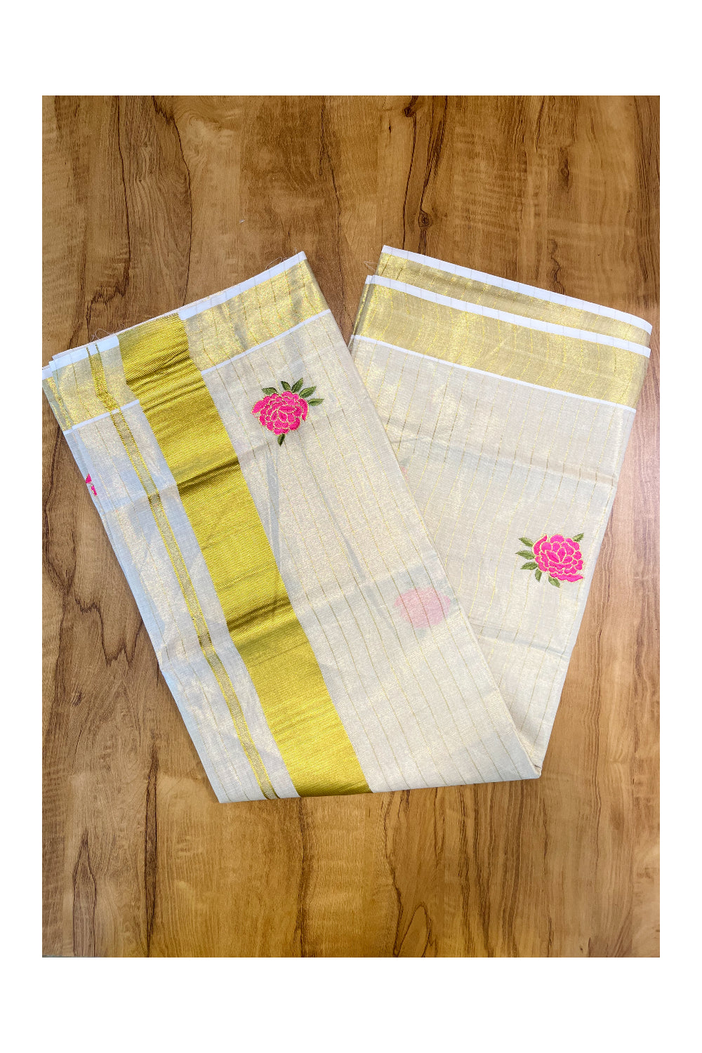 Southloom Kerala Tissue Kasavu Lines Saree with Pink Floral Embroidery Works