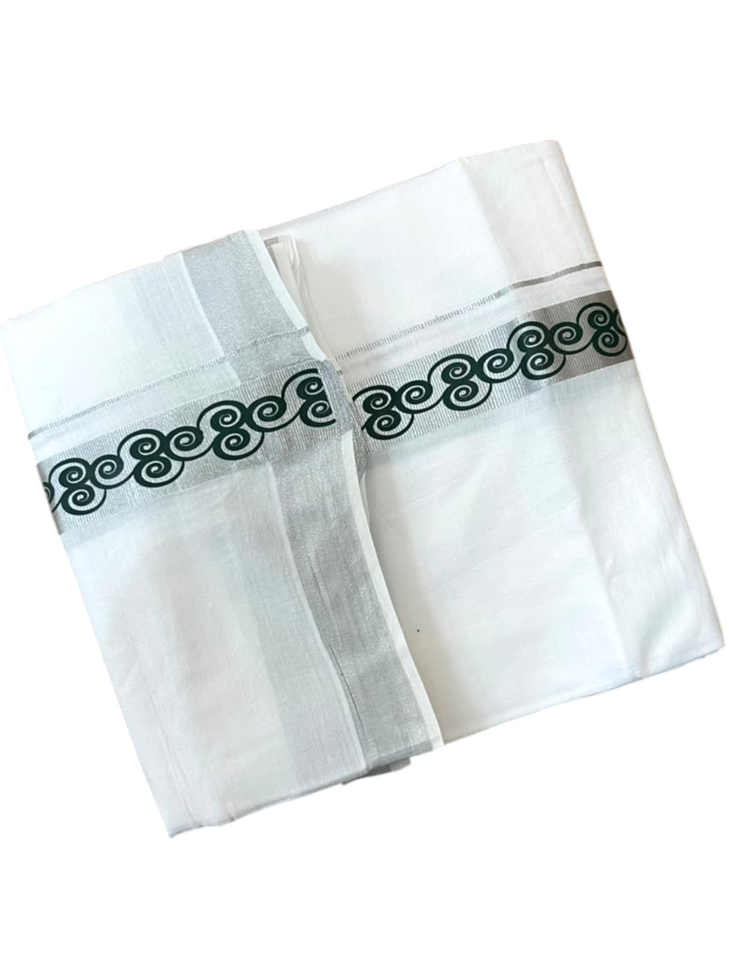 Southloom Pure White Cotton Mundu with Green and Silver Kasavu Border (South Indian Kerala Dhoti)