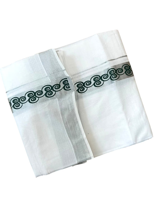 Southloom Pure White Cotton Mundu with Green and Silver Kasavu Border (South Indian Kerala Dhoti)