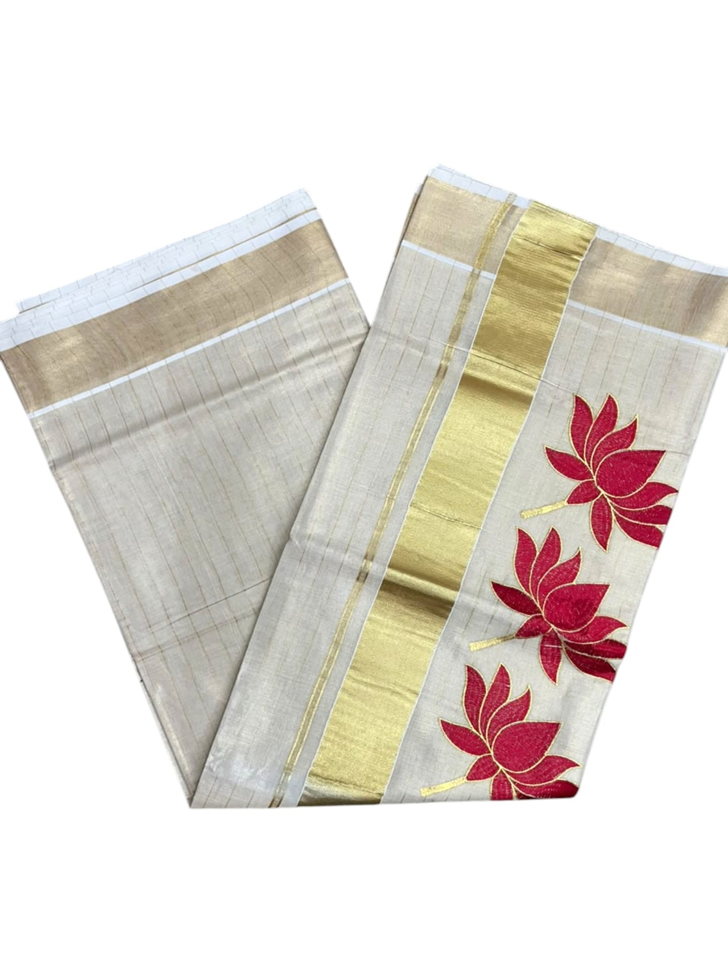 Southloom Kerala Tissue Kasavu Saree with Lotus Embroidery Works on Body in Red SL557