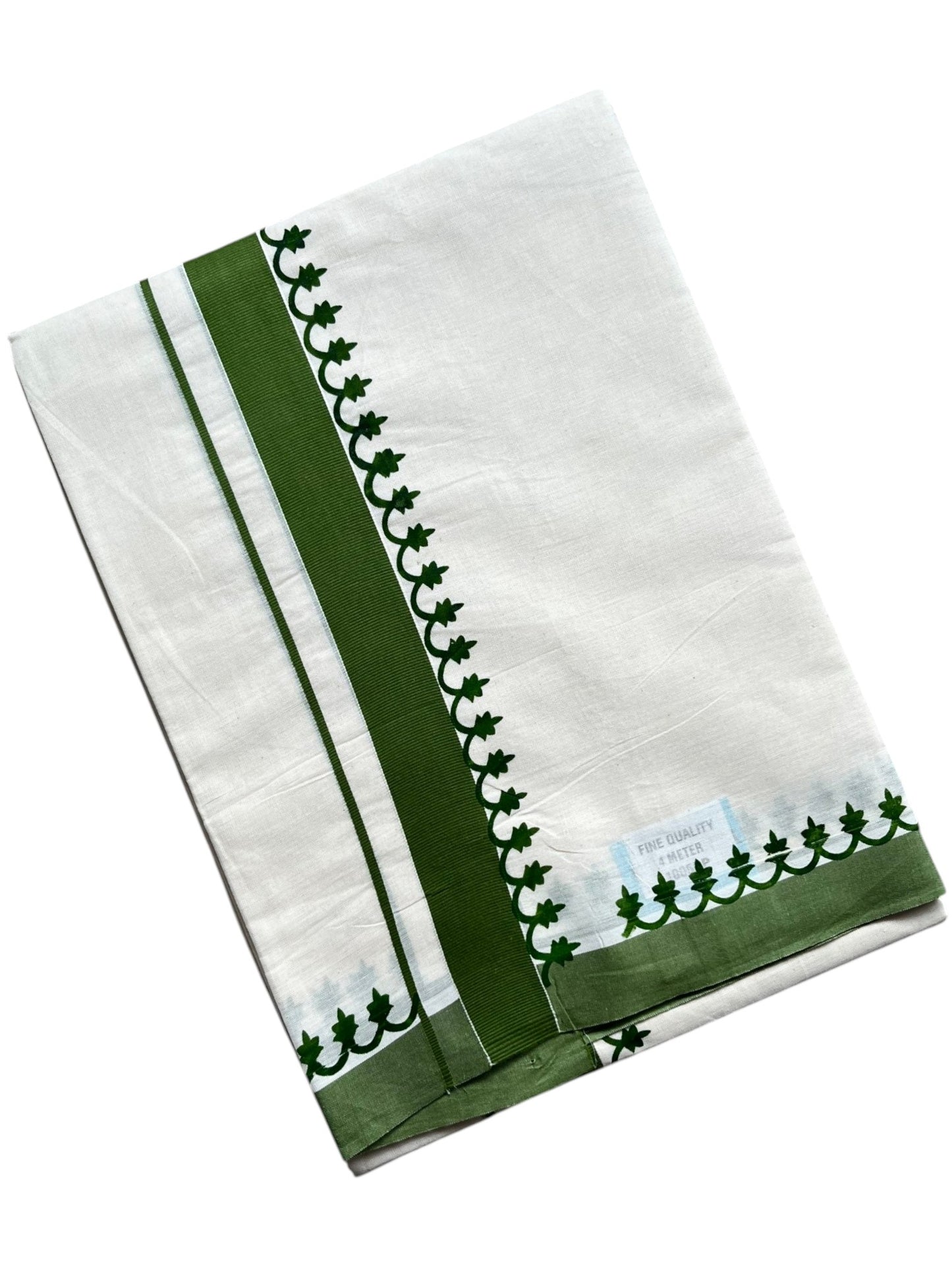 Southloom Kerala Cotton Green Kara Printed Double Mundu (South Indian Kerala Dhoti) SL567