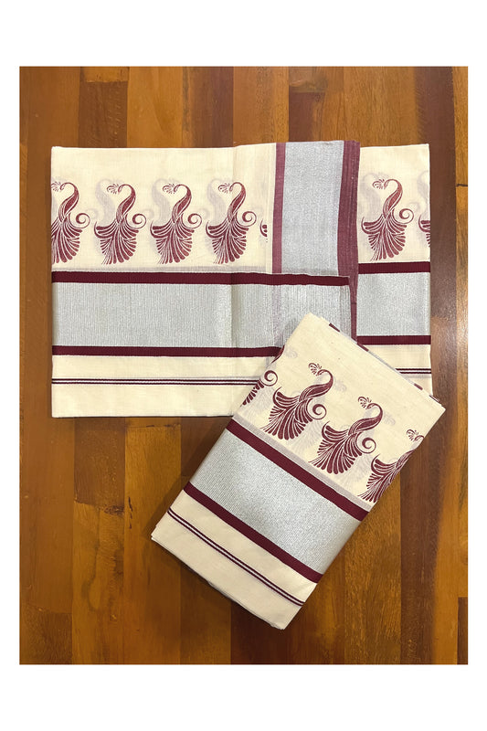 Pure Cotton Kerala Single Set Mundu (Mundum Neriyathum) with Maroon Block Printed Silver Kasavu Border