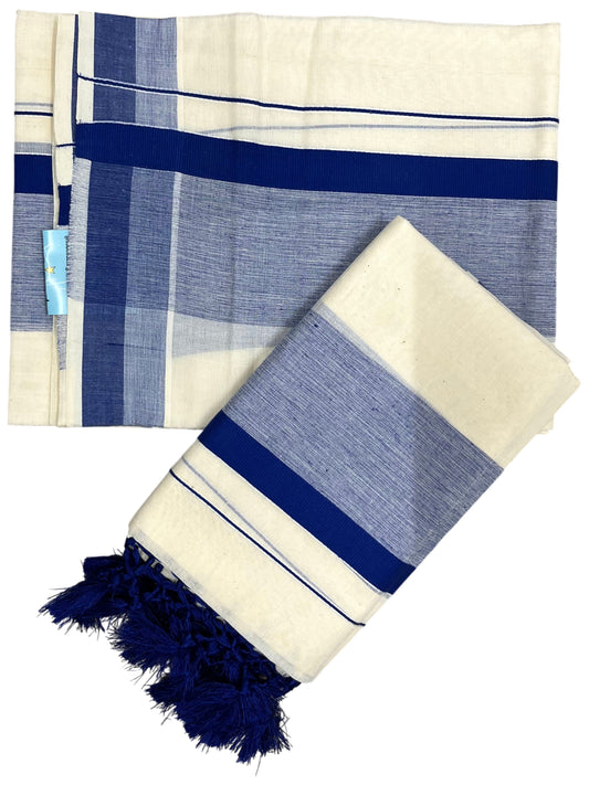 Southloom Kerala Cotton Mundum Neriyathum Single (Set Mundu) with Blue Border 2.80 Mtrs