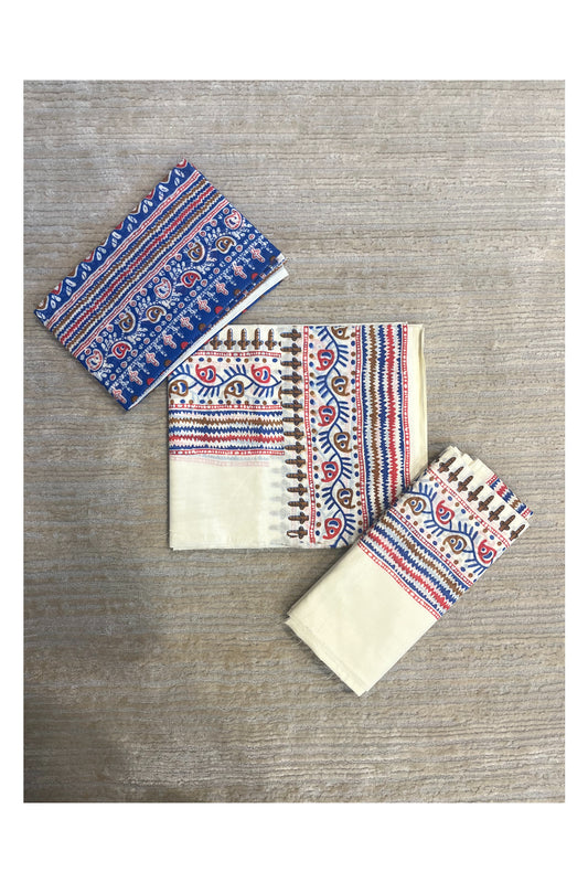 Southloom Pure Cotton Mulloth Set Mundu with Warly Print (Blue Printed Blouse Piece)