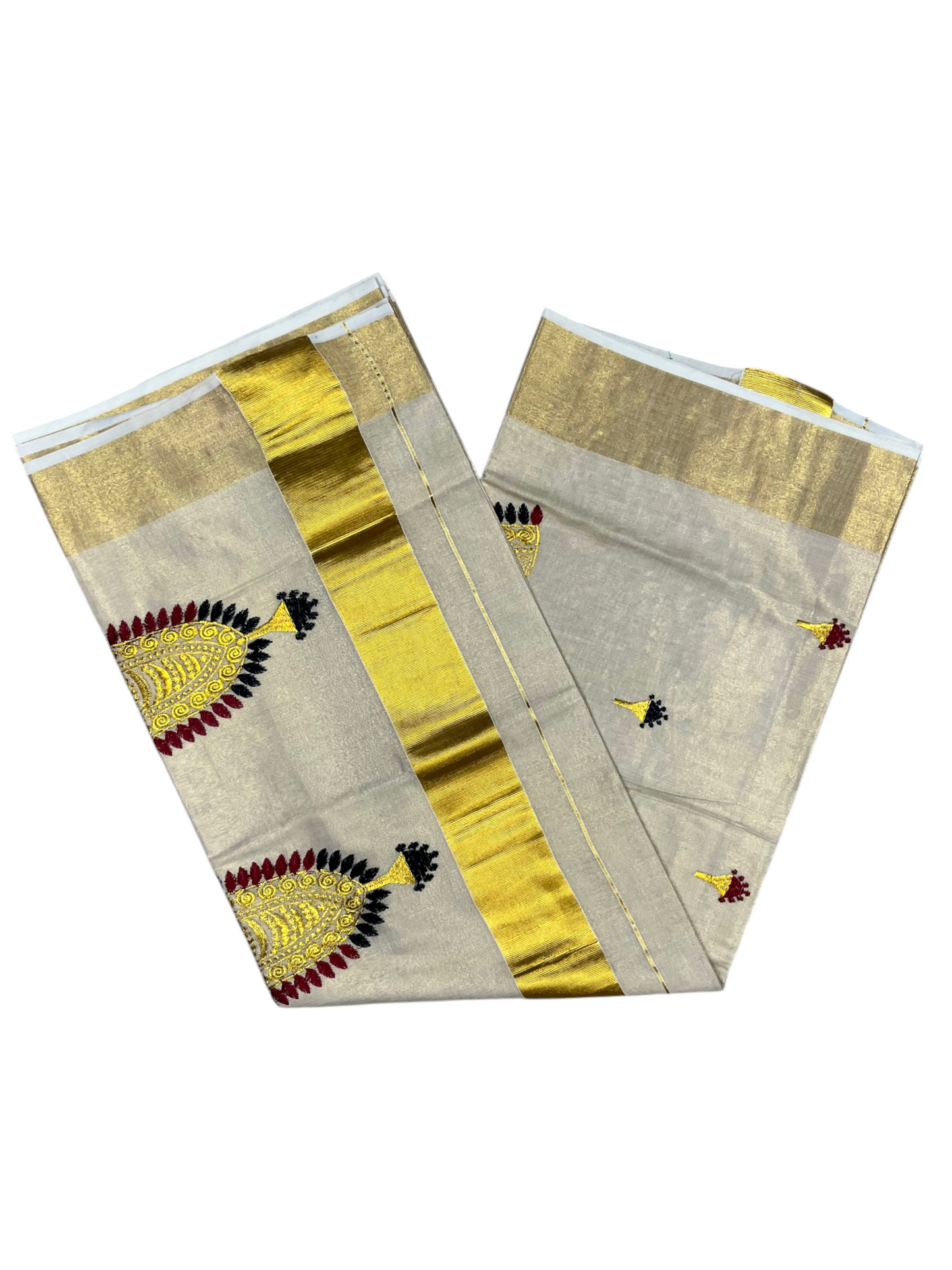 Southloom Tissue Kerala Kasavu Saree with Nettipattam Embroidery Designs on Body SL539