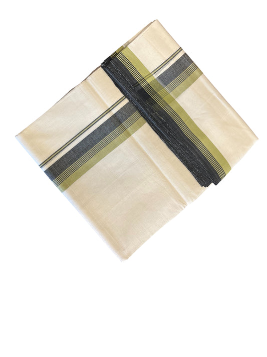 Southloom Premium Handloom Cotton Double Mundu with Green And Gray  Border