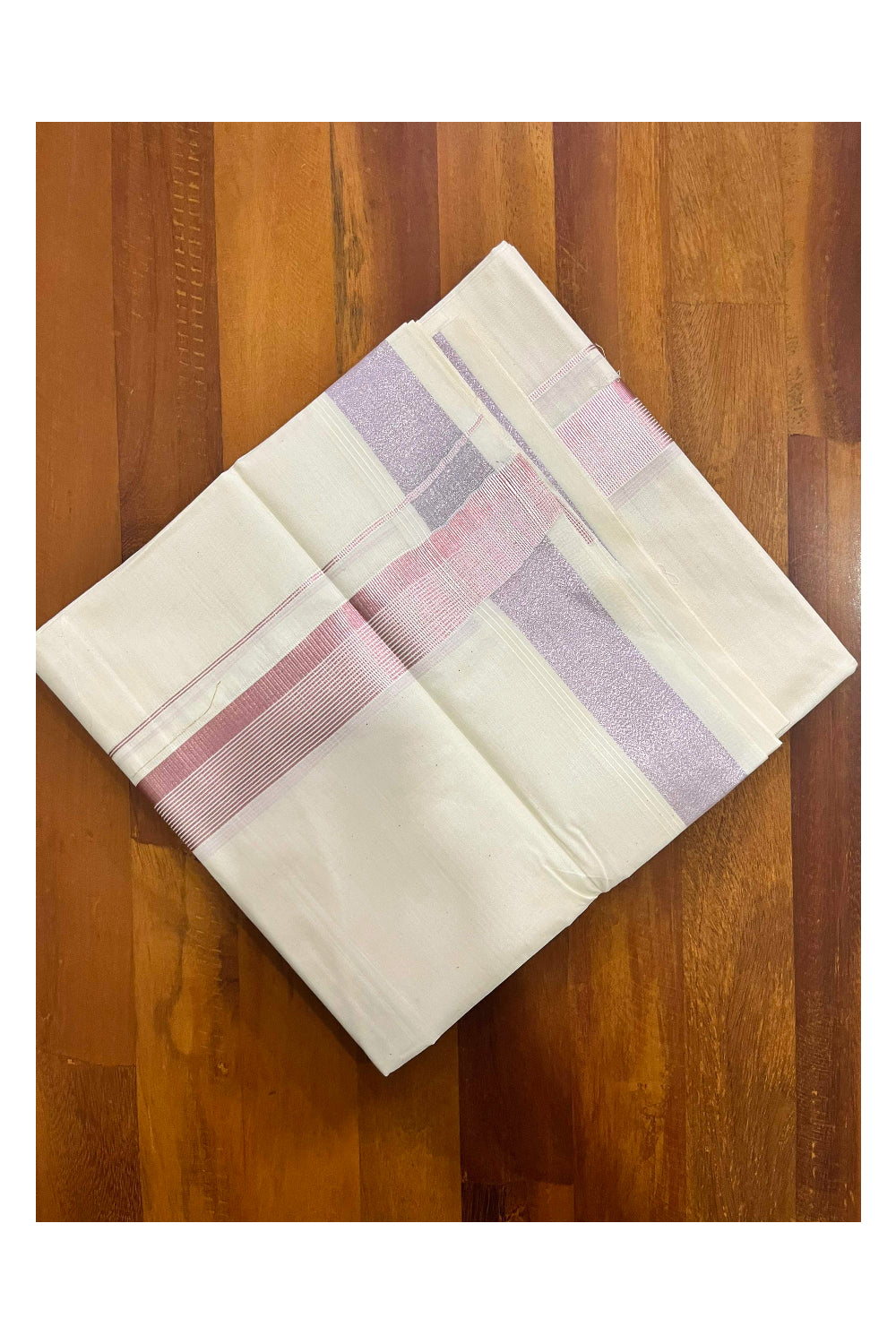 Pure Cotton Kerala Double Mundu with Rose Copper Kasavu Border (South Indian Kerala Dhoti)