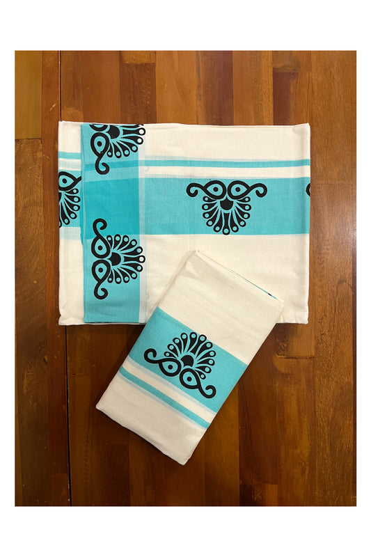 Kerala Pure Cotton Set Mundu (Mundum Neriyathum) with Block Printed Turquoise Border (Onam Set Mundu 2023)