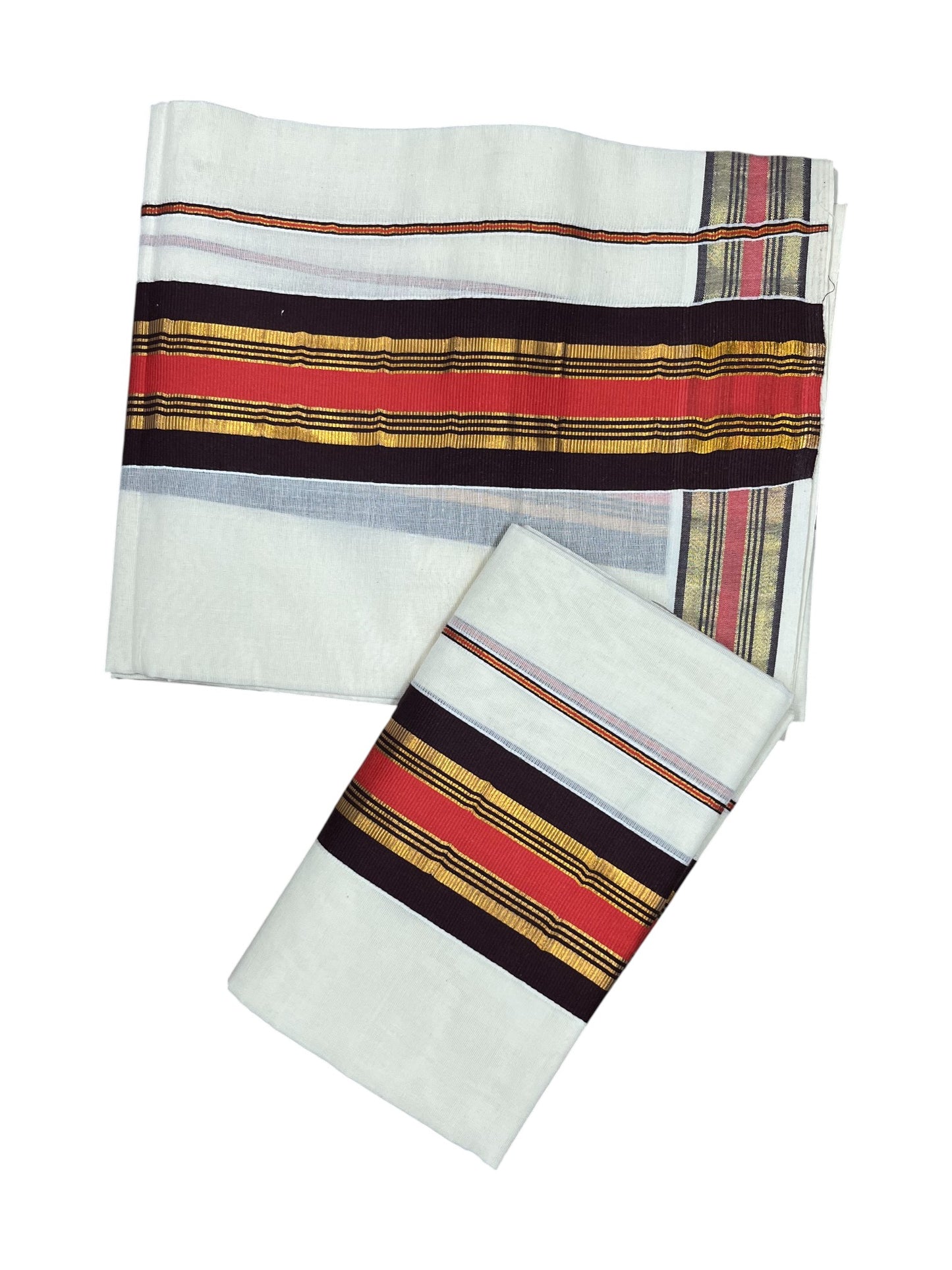 Southloom Kerala Cotton Kasavu Set Mundu (Mundum Neriyathum) with  Brown and Orange Border