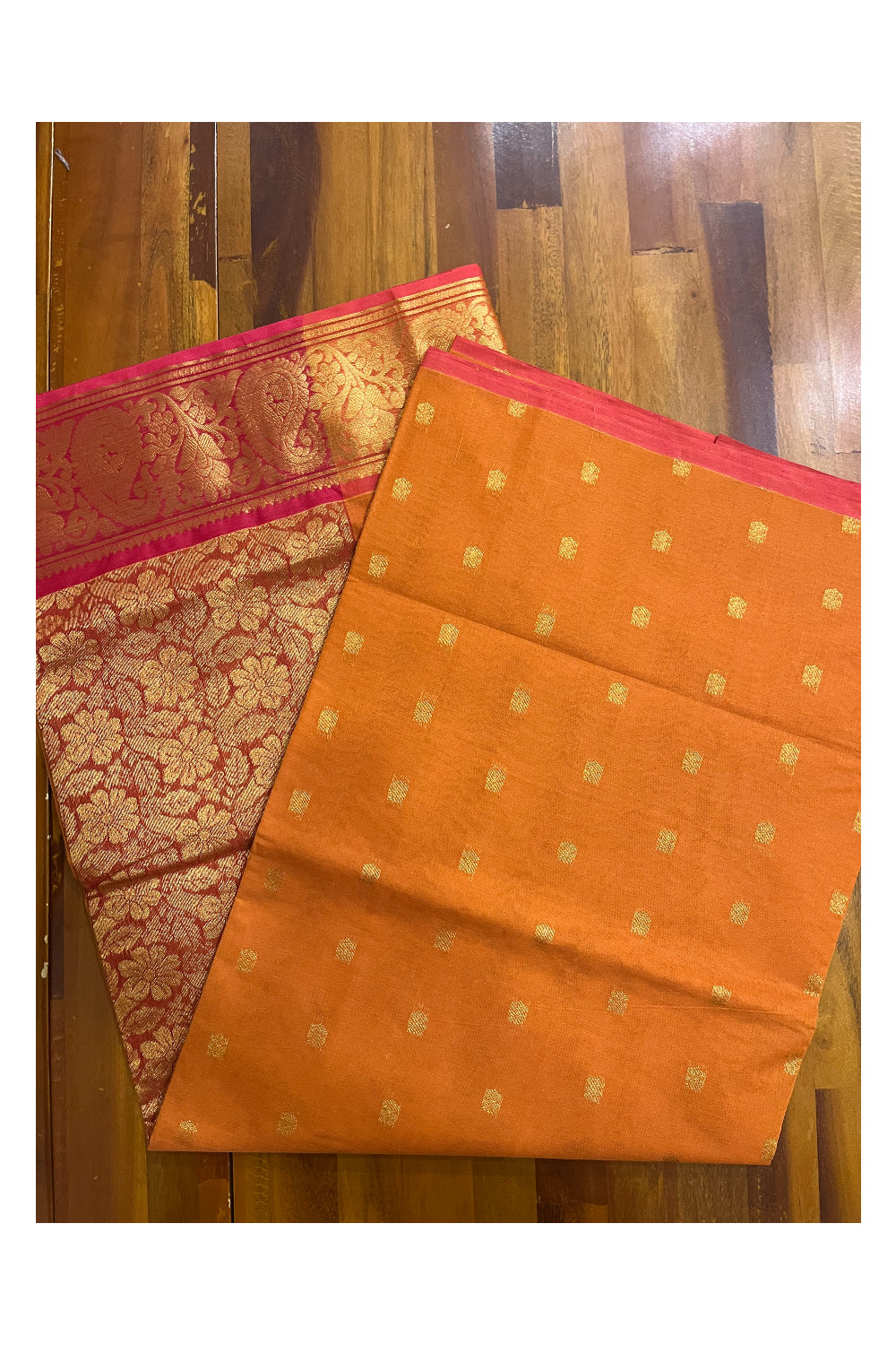 Southloom Cotton Mustard Orange Saree with Kasavu Woven Butta Works on Body and Pallu