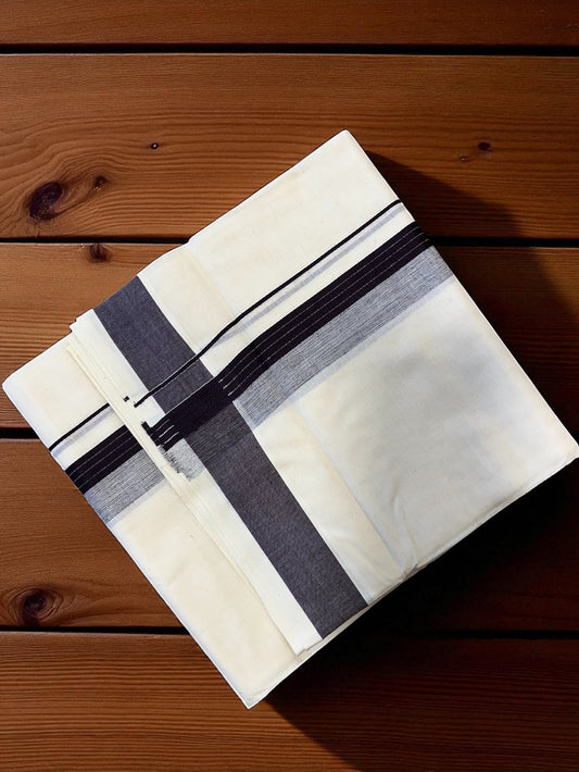 Southloom Pure Cotton Mundu with Gray Lines and Black Border (South Indian Kerala Dhothi