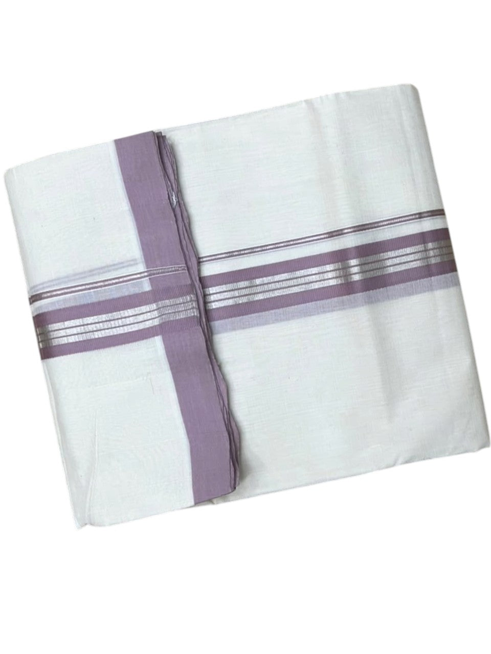 Southloom Pure Cotton Mundu with Siver Lines and Lavendar Border (South Indian Kerala Dhoti)