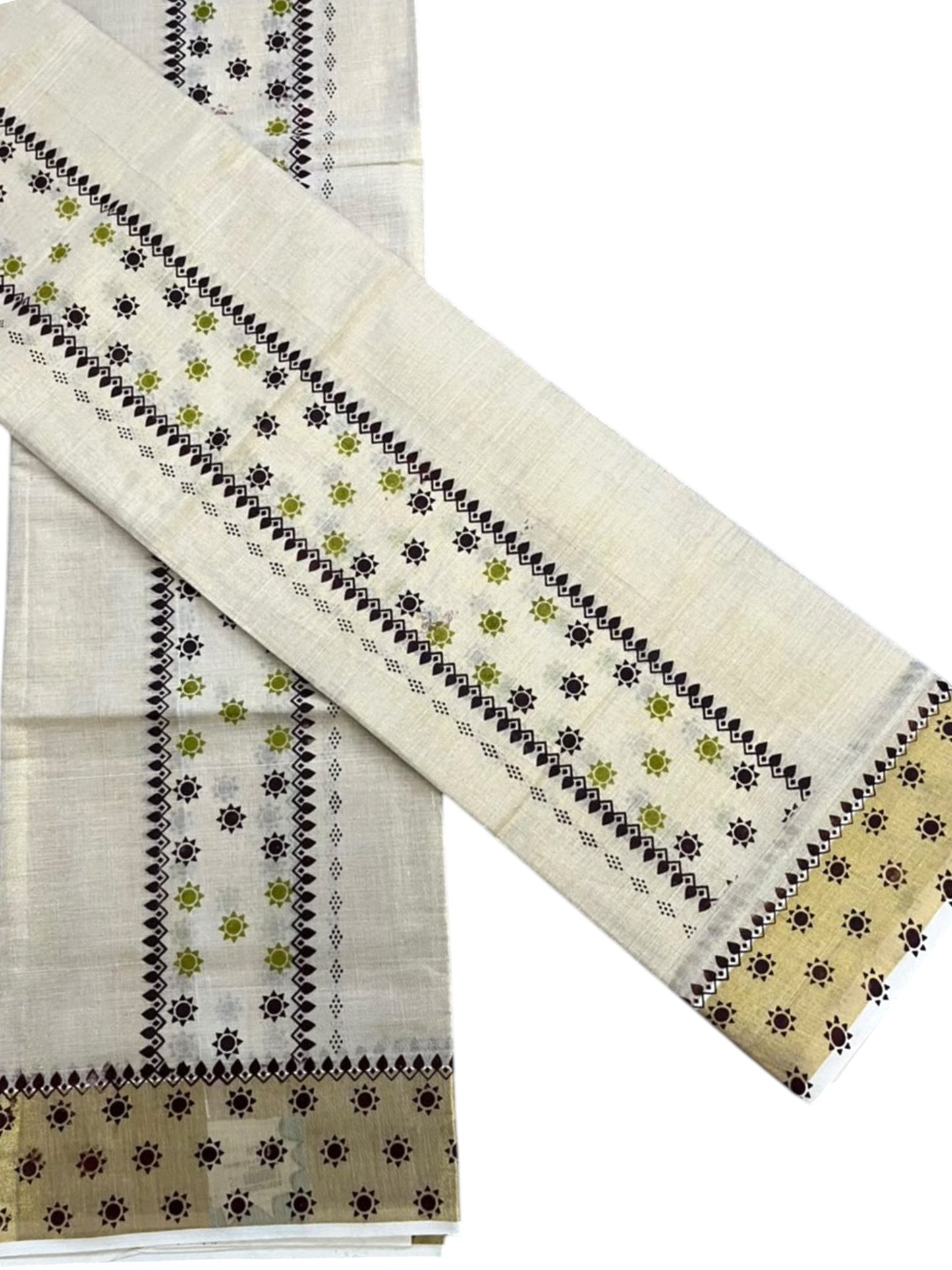 Southloom Kerala Tissue Set Mundu (Mundum Neriyathum) with Olive Green & Brown Floral Prints on Border-2.80Mtrs SL625