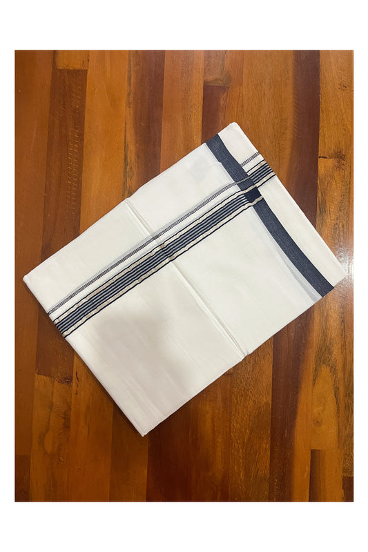 Pure White Kerala Double Mundu with Silver Kasavu and Navy Blue Kara (South Indian Kerala Dhoti)