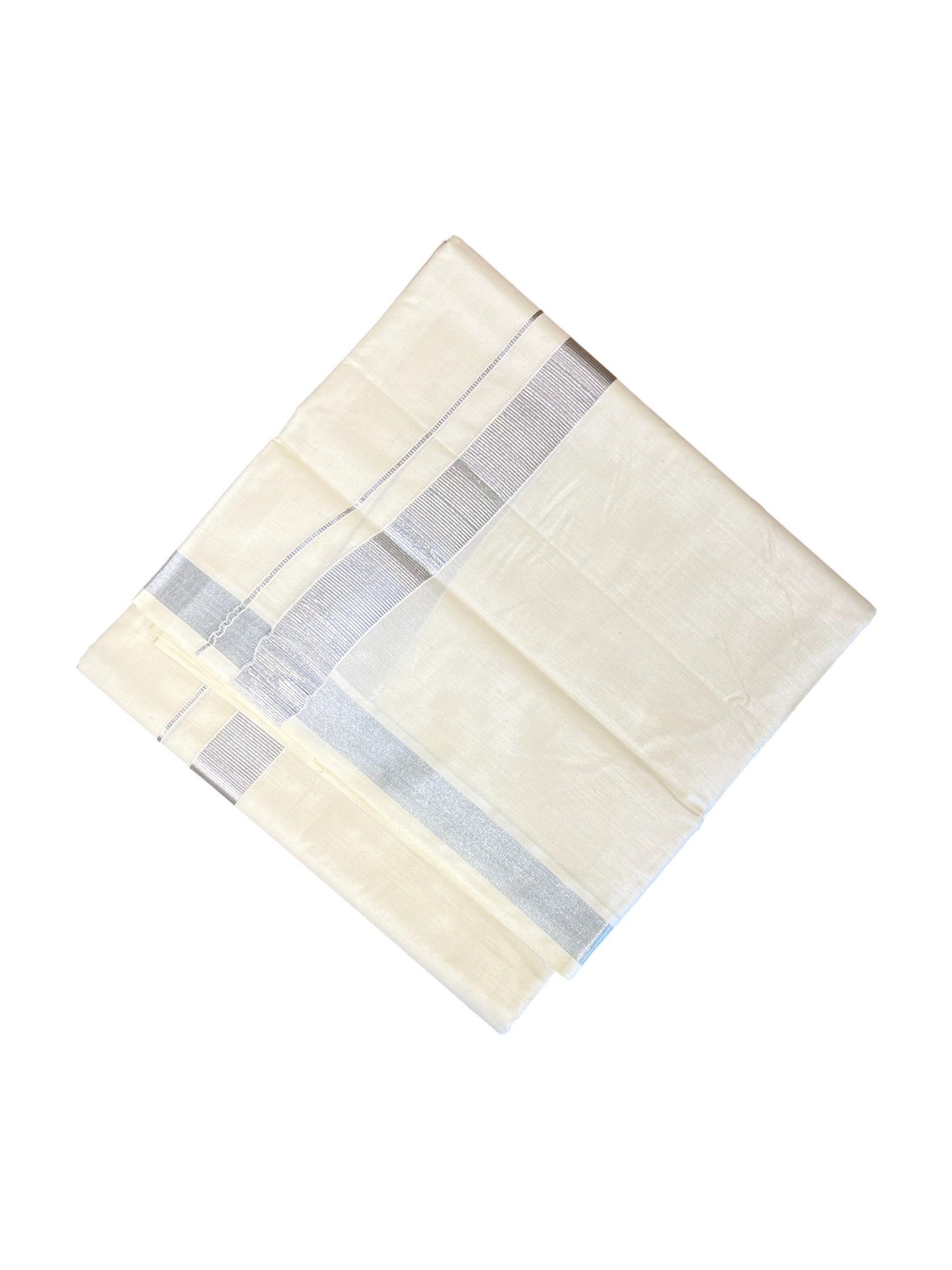 Off White Pure Cotton Double Mundu With Silver Kasavu Kara 1 Inches (South Indian Kerala Dhoti)