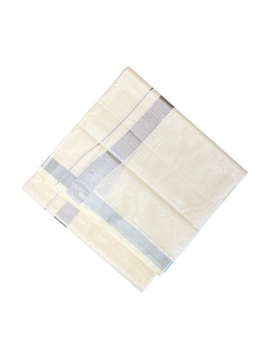 Off White Pure Cotton Double Mundu With Silver Kasavu Kara 1 Inches (South Indian Kerala Dhoti)