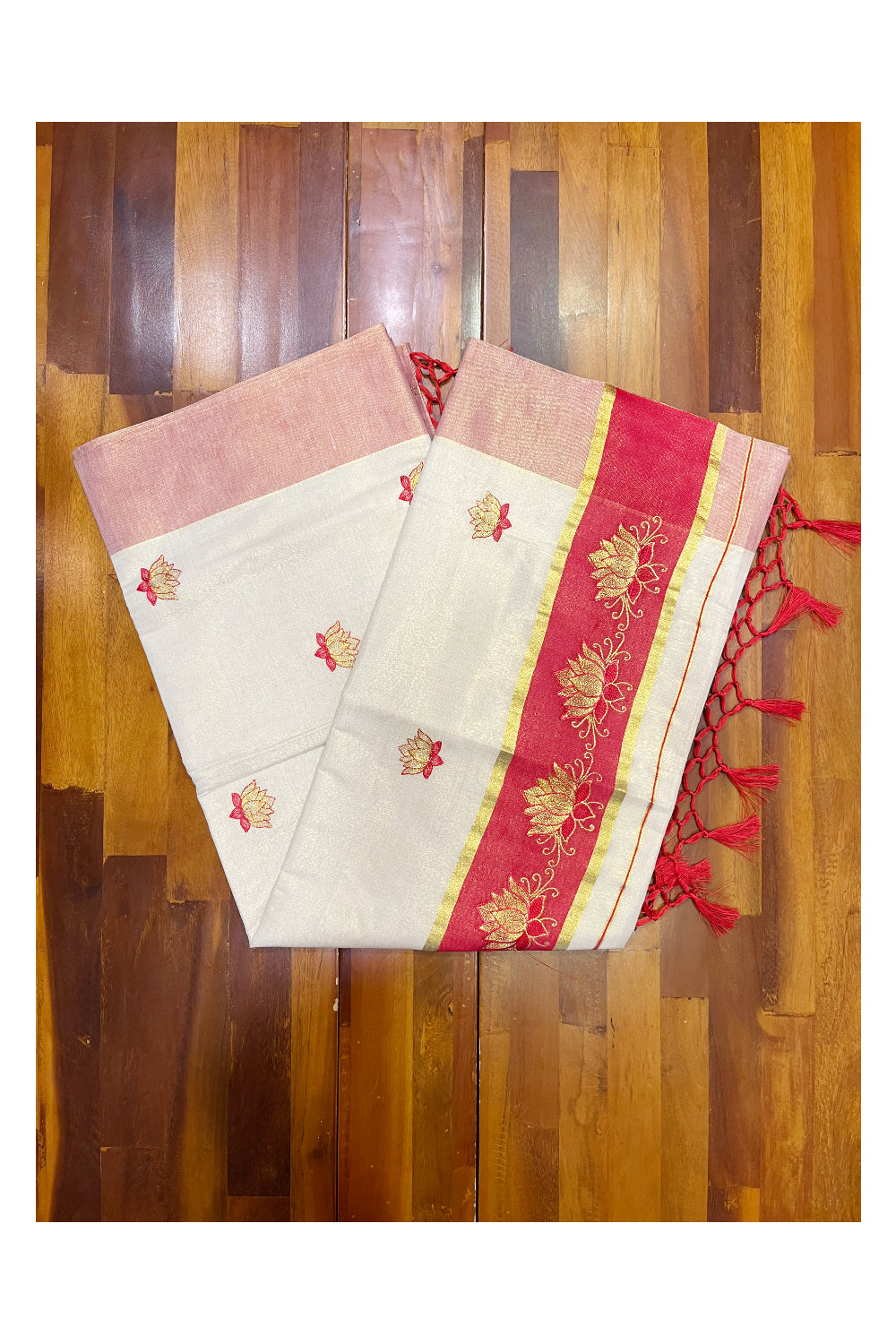 Southloom Kerala Tissue Kasavu Saree with Red And Golden Lotus Embroidary Designs on Body