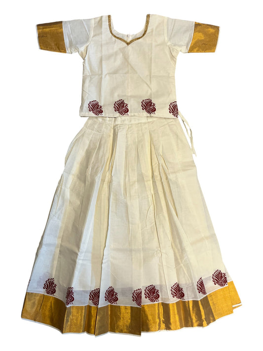 Southloom Kerala Cotton Kasavu Pavada Blouse with Hand Printed Work for Kids