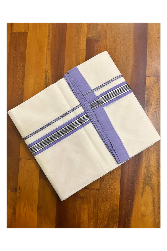 Premium Balaramapuram Handloom Unakkupaavu Cotton Double Mundu with Silver Kasavu and Violet Border