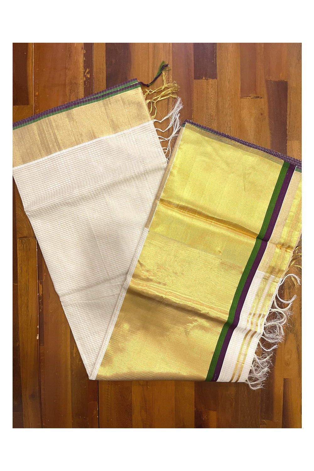 Southloom Handloom Premium Saree with Kasavu Micro Checks Across Body and Violet Green Border (Onam Saree 2023)