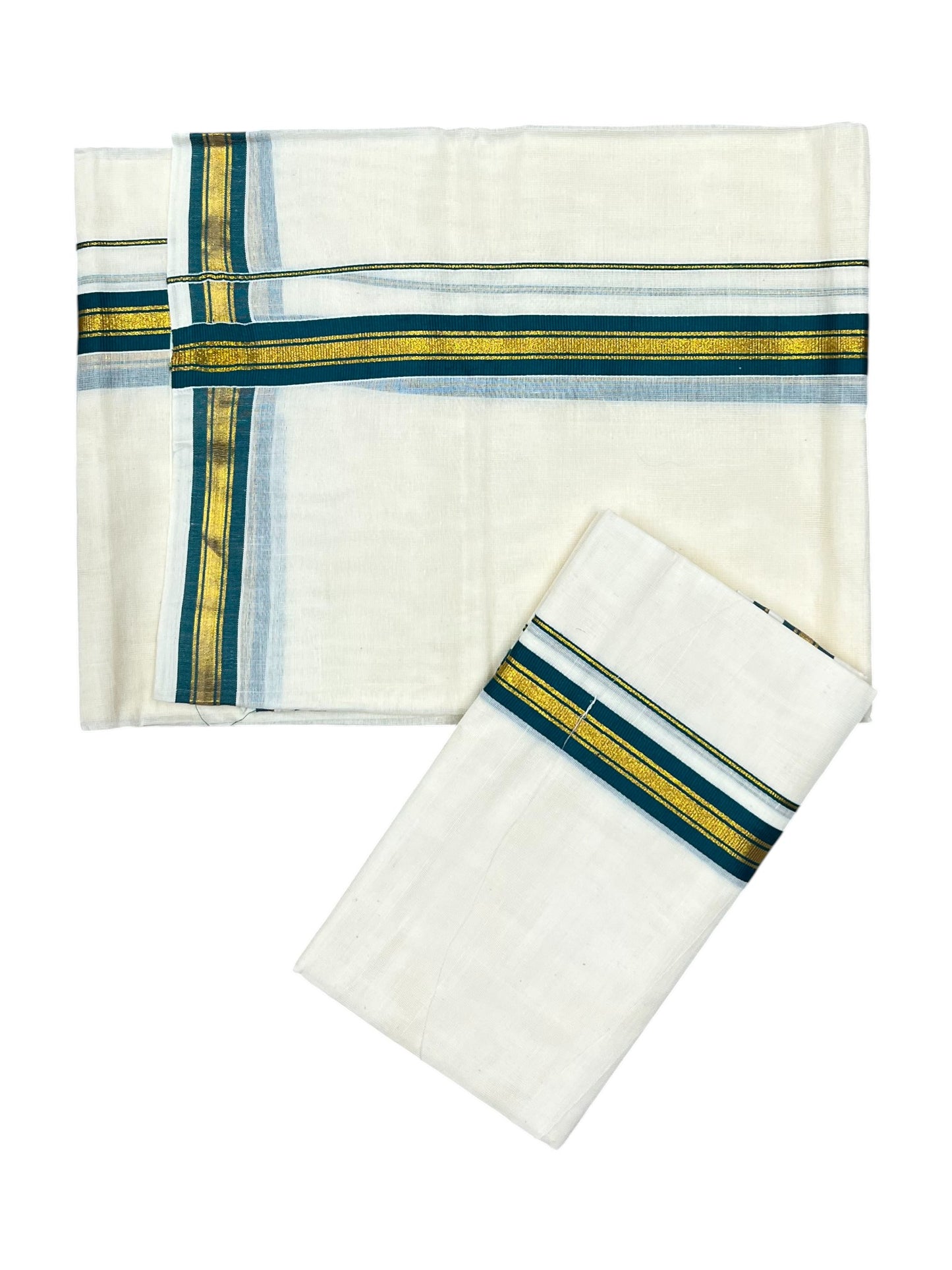 Pure Cotton Kerala Single Set Mundu (Mundum Neriyathum) with Peacock Green Kasavu Border in 2.80 Mtrs