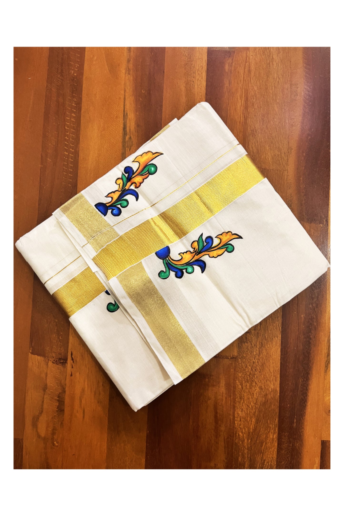 Off White Kerala Cotton Double Mundu with Hand Painted Designs on Kasavu Border