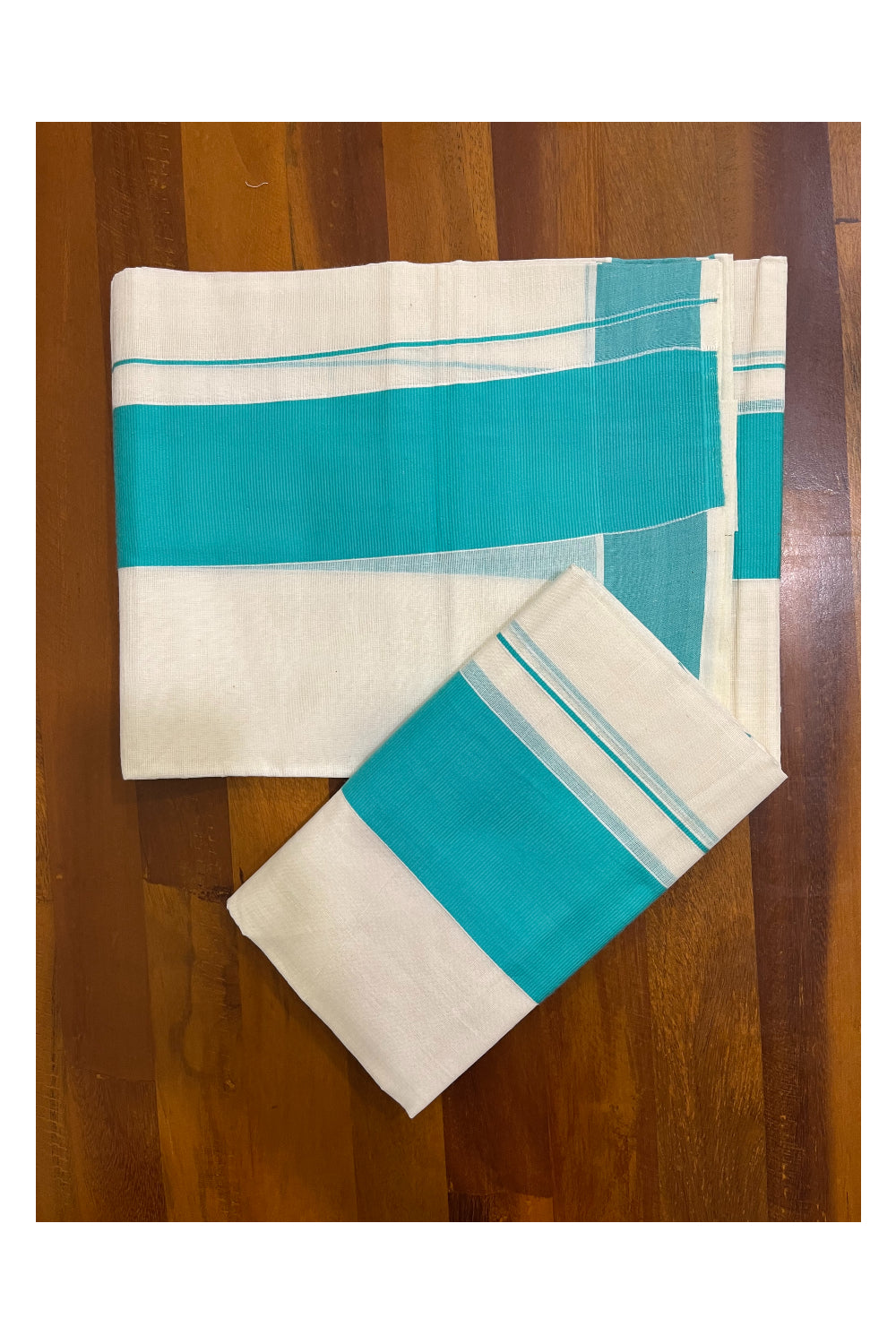 Kerala Cotton Mundum Neriyathum Single (Set Mundu) with Turquoise Border 2.80 Mtrs