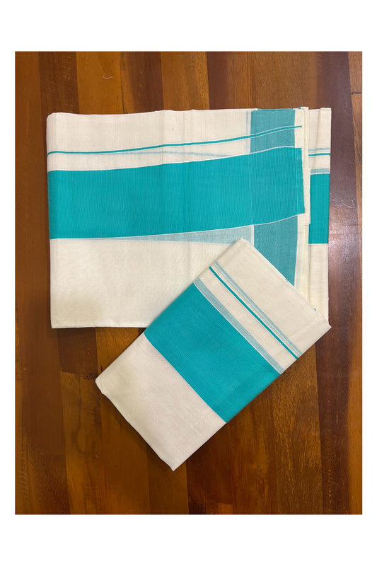 Kerala Cotton Mundum Neriyathum Single (Set Mundu) with Turquoise Border 2.80 Mtrs