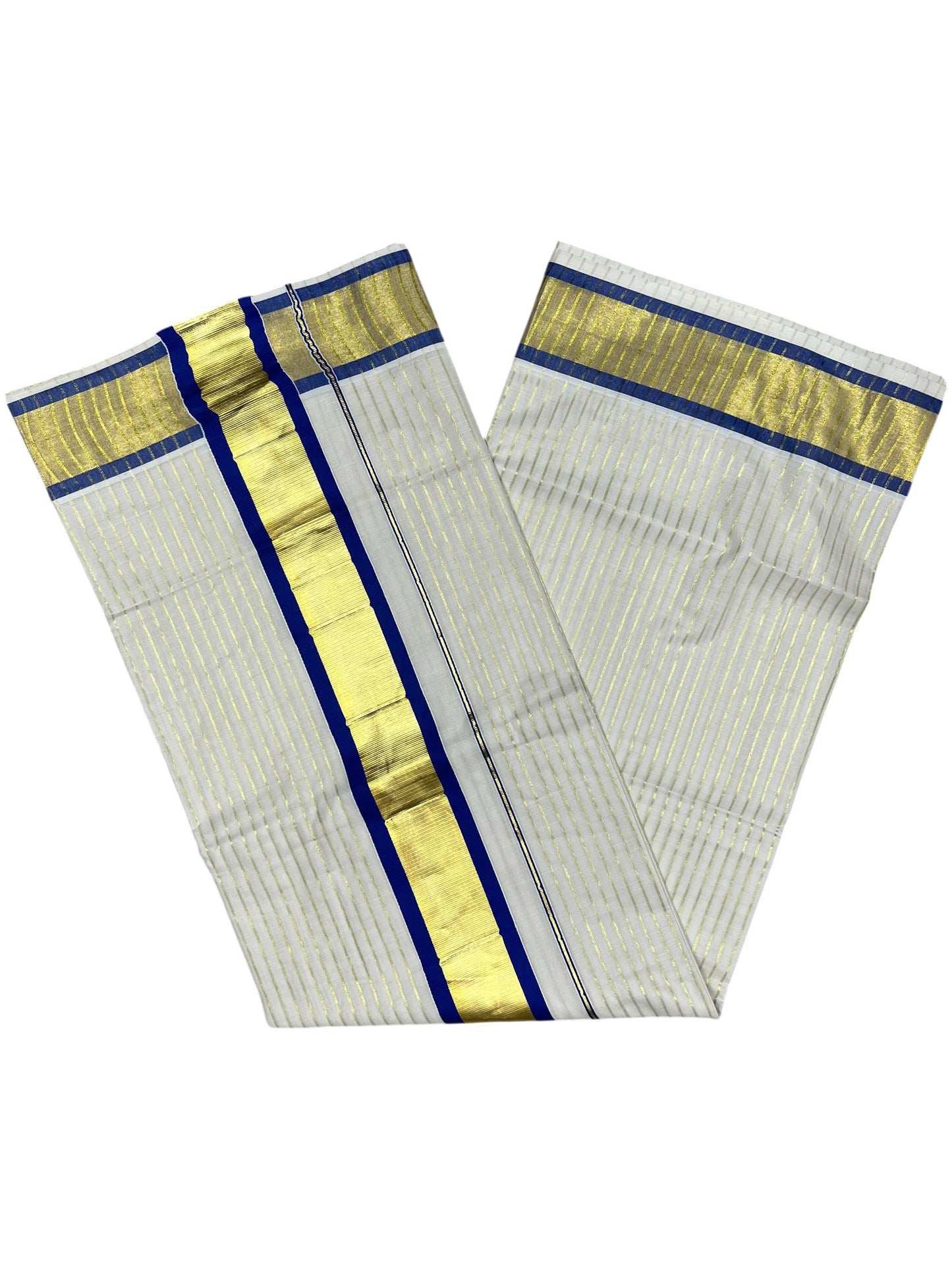 Southloom Pure Cotton Kerala Saree with Gold Kasavu Lines Across Body and Blue Border