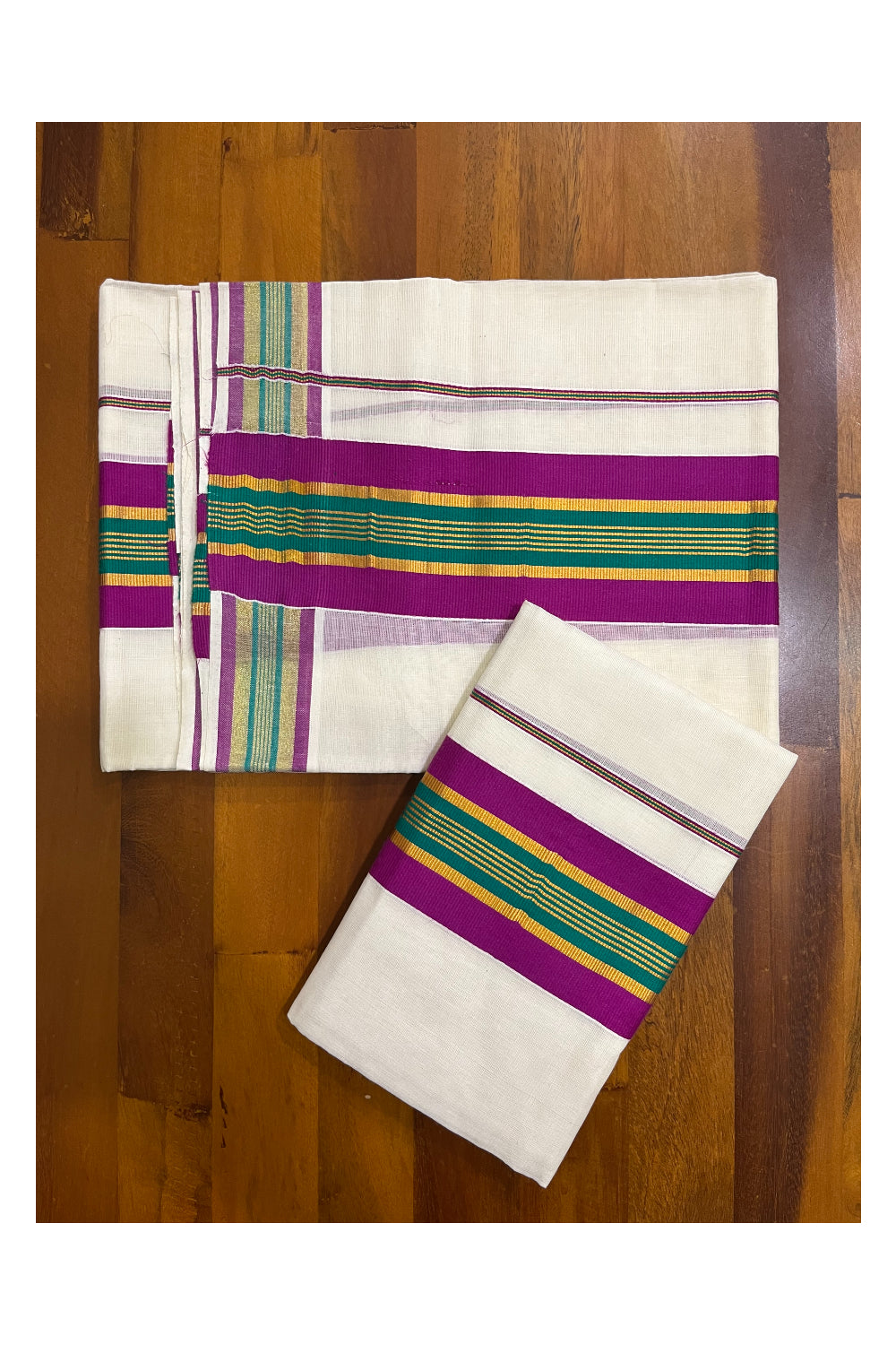 Kerala Cotton Kasavu Set Mundu (Mundum Neriyathum) with Magenta and Green Border 2.80 Mtrs