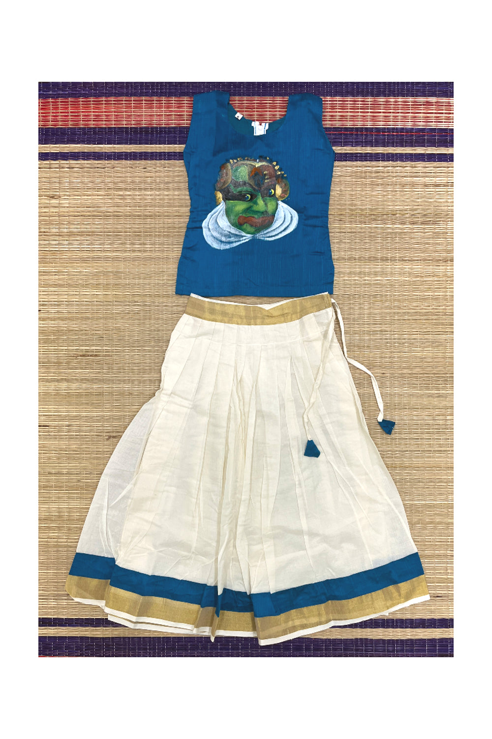 Southloom Kerala Pavada Blue Blouse with Kathakali Mural Designs (Age - 6 Years)