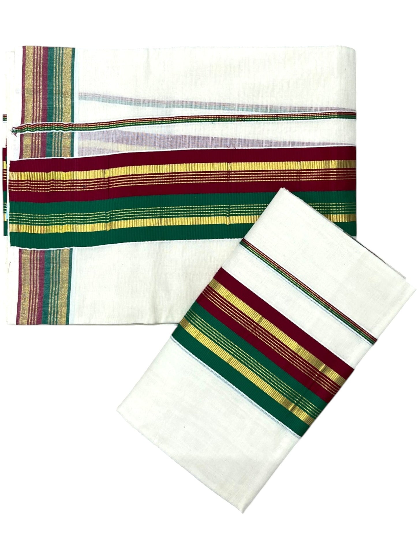 Southloom Kerala Cotton Kasavu Single Set Mundu (Mundum Neriyathum) with Green And Maroon Kasavu Border SLKK