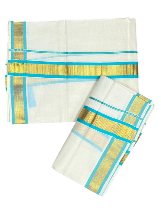 Kerala Cotton Set Mundu (Mundum Neriyathum) with Kasavu and Turquoise Border 2.80 Mtrs SL244