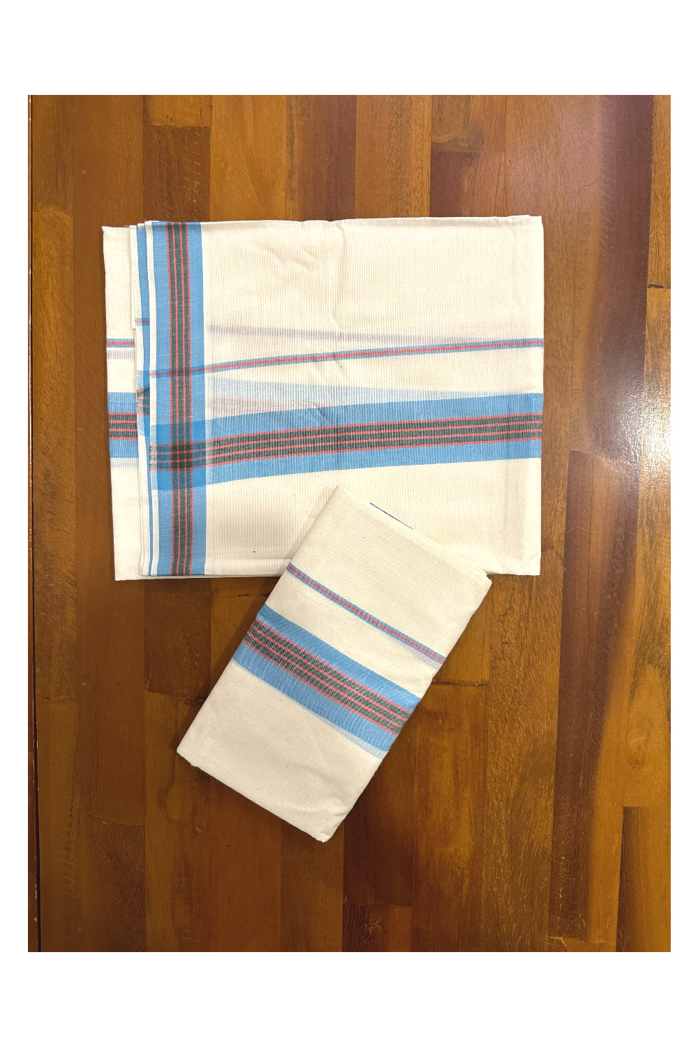 Kerala Mulloth Soft Cotton Mundum Neriyathum Single with Blue and Red Border (Onam Set Mundu 2023)