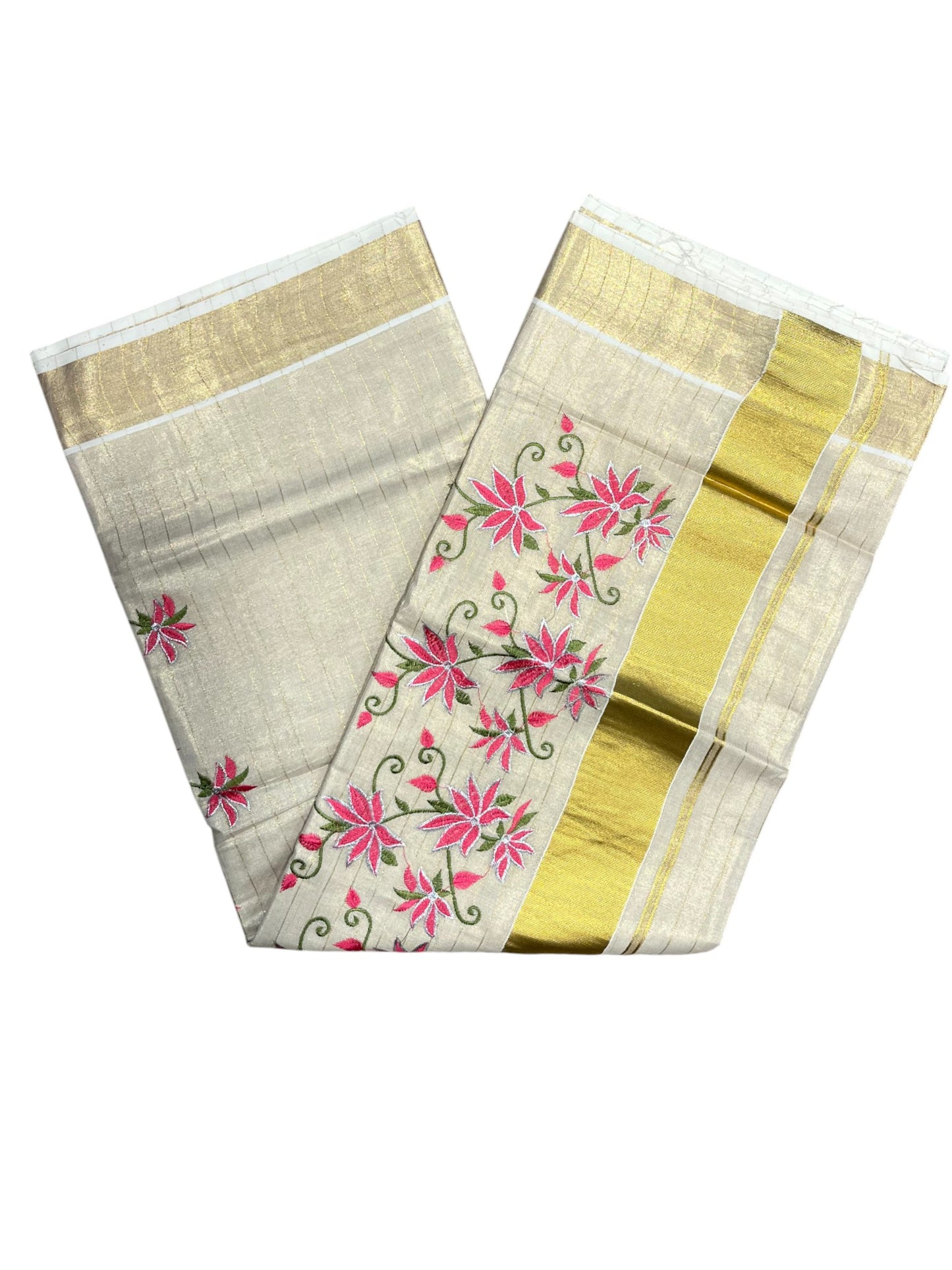 Southloom Tissue Kerala Kasavu Saree with Floral Embroidery
