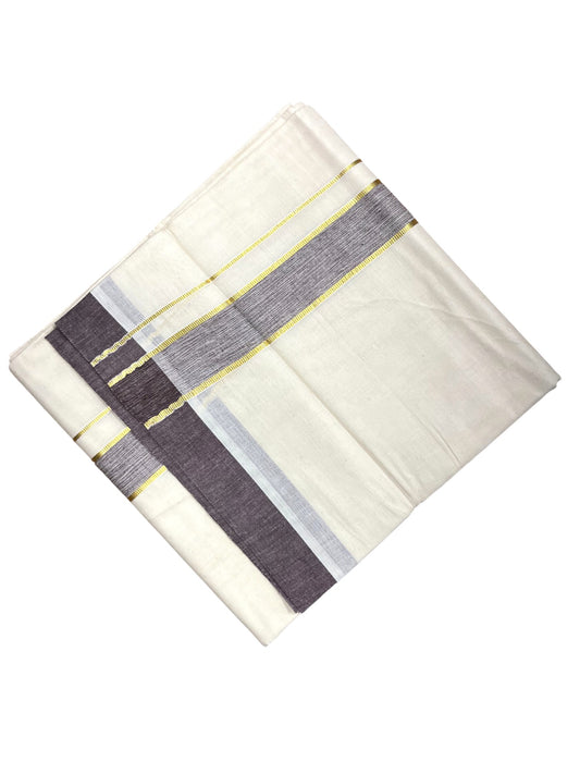 Southloom Kerala Pure Cotton Double Mundu with Gold Lines & Brown Border (South Indian Dhoti)